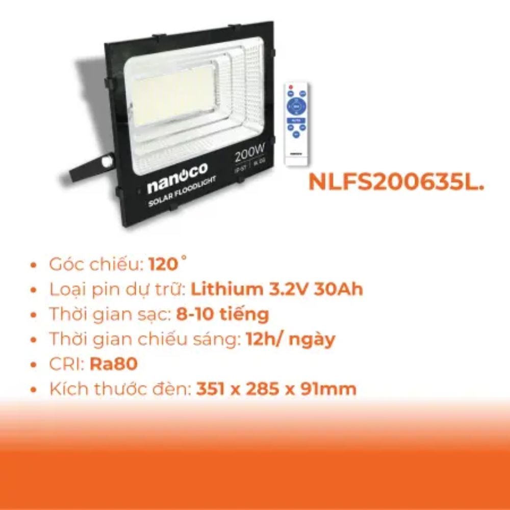 Đèn Pha LED Solar 200W Nanoco NLFS200635L