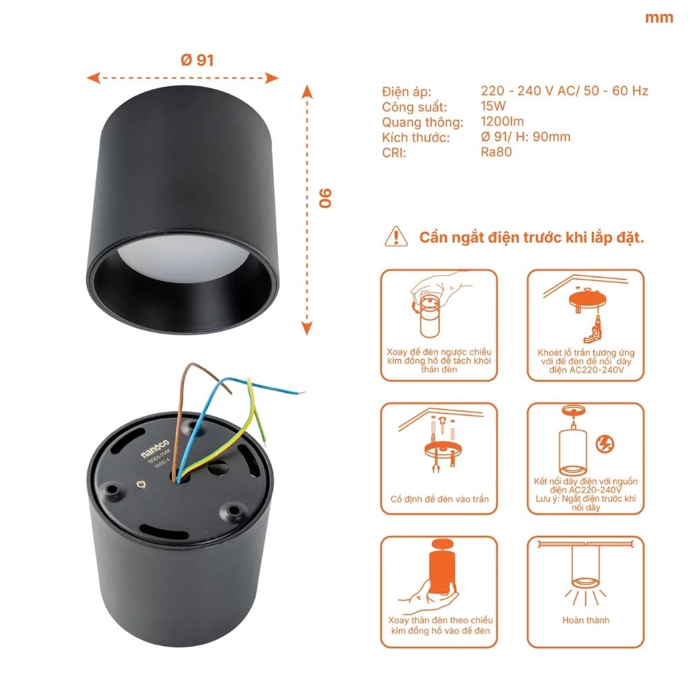 Đèn LED Downlight trụ 10W Nanoco NSDL10 màu đen