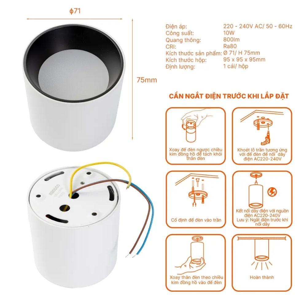 Đèn LED Downlight trụ 10W Nanoco NSDL10 màu trắng