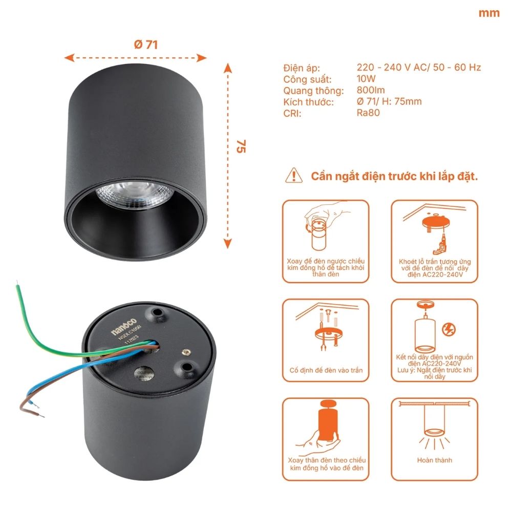 Đèn LED Dowlight trụ 10W Nanoco NSDLC10 màu đen