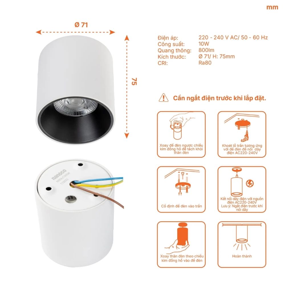Đèn LED Dowlight trụ 10W Nanoco NSDLC10 màu trắng