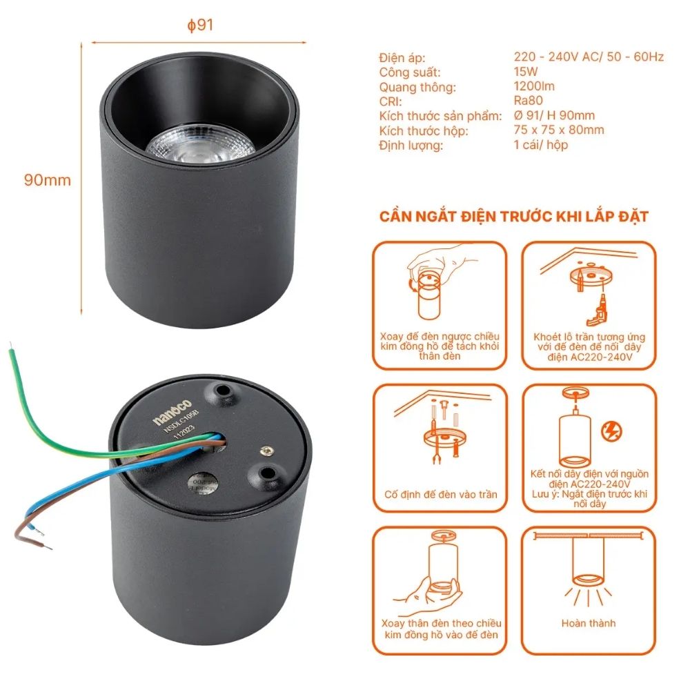 Đèn LED Dowlight trụ 15W Nanoco NSDLC15 màu đen