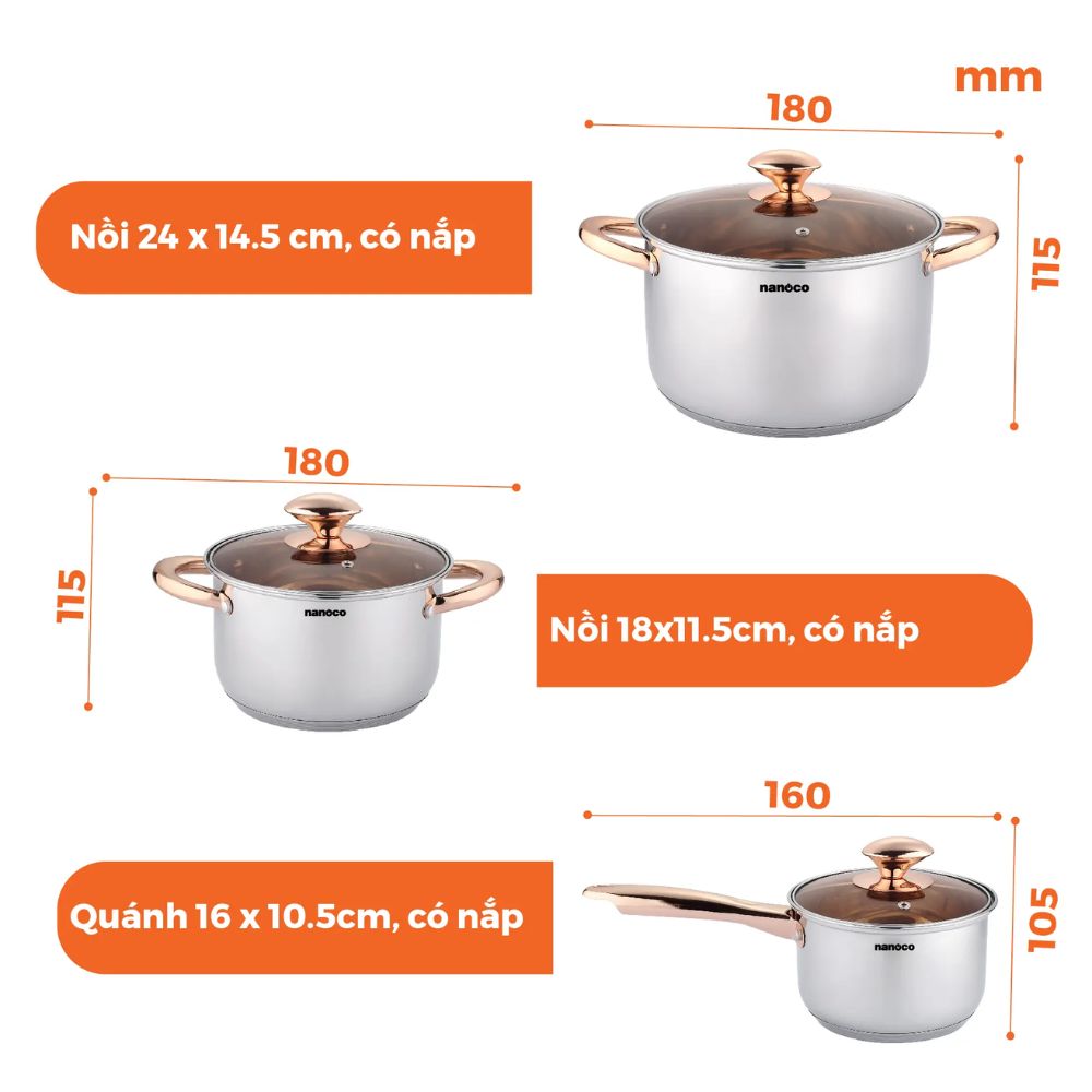 Bộ nồi chảo inox 304 Nanoco NCWS850