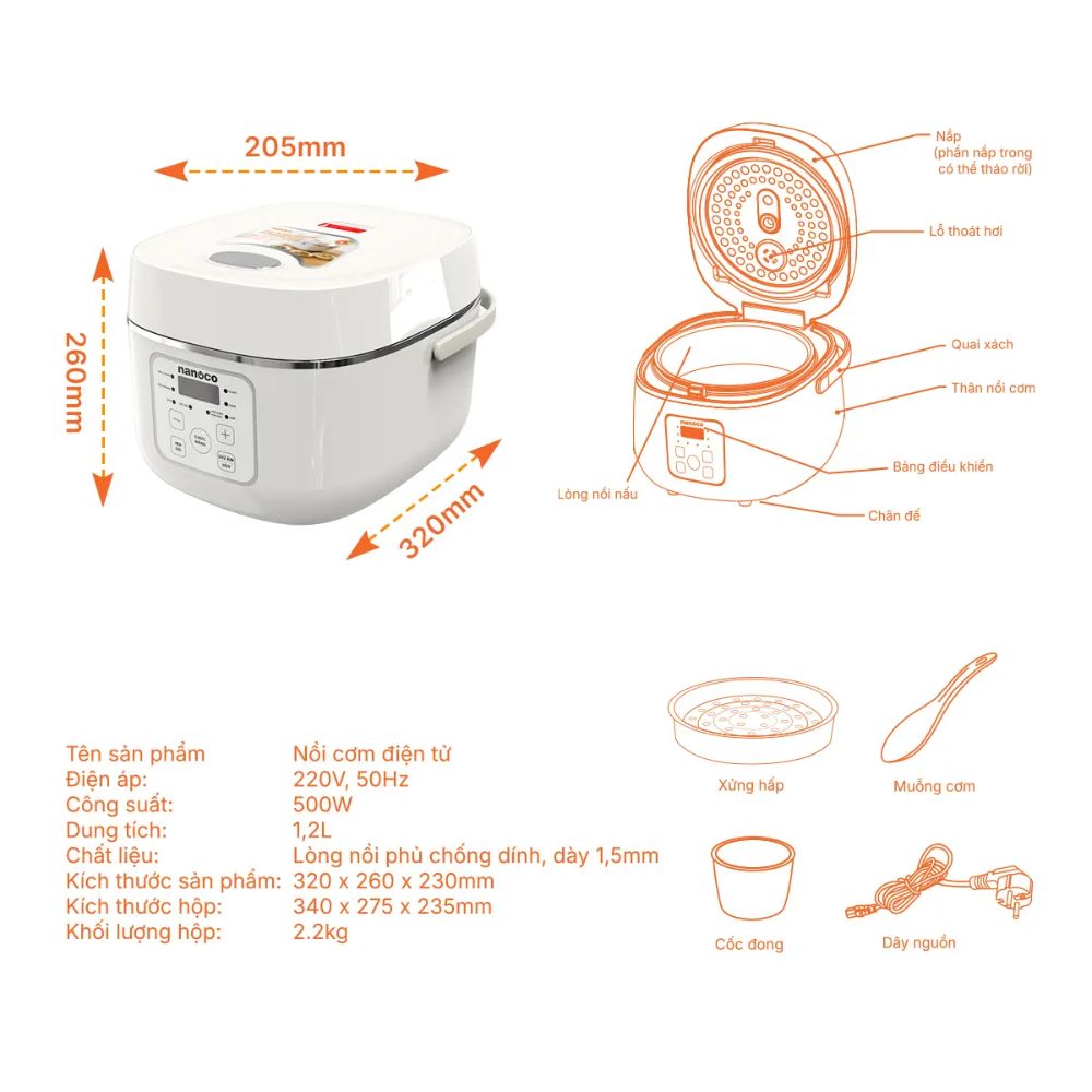 Nồi cơm điện tử 1.2L Nanoco NRC1202BE