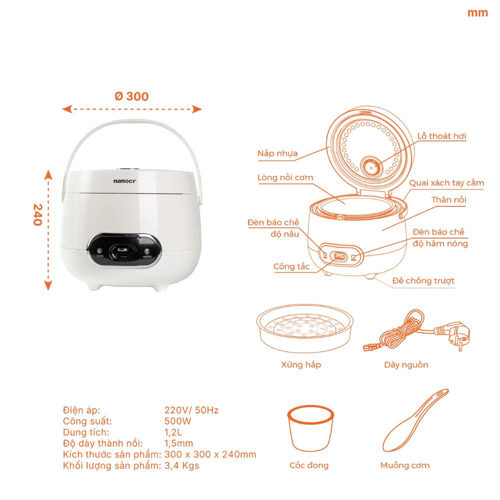 Nồi cơm điện nắp gài 1.2L Nanoco NRC1206W