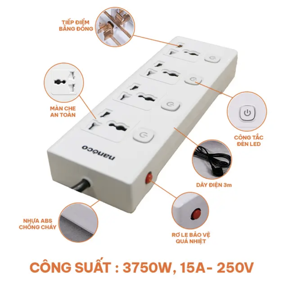 Ổ cắm có dây Nanoco NES43415-3 / NES43415-5