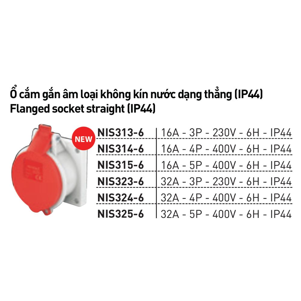 Ổ cắm âm không kín nước dạng thẳng 16/32A IP44 Nanoco
