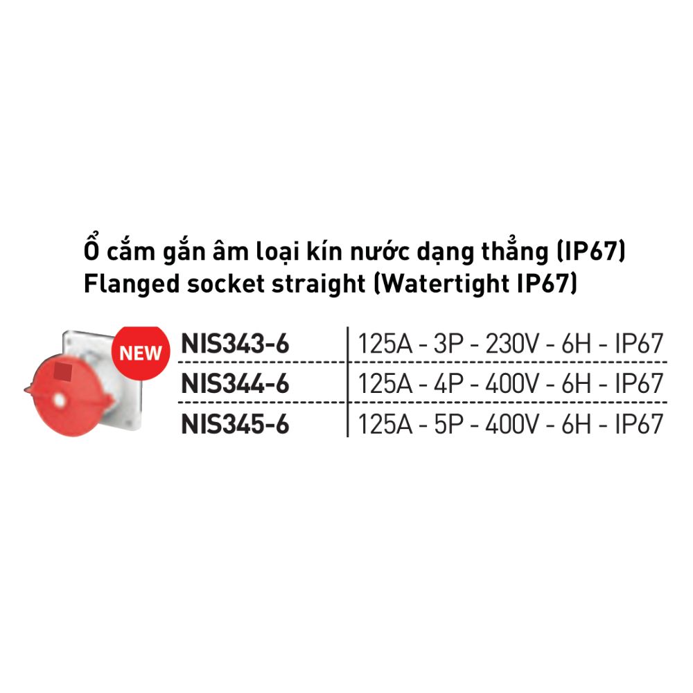 Ổ cắm âm kín nước dạng thẳng 125A IP67 Nanoco