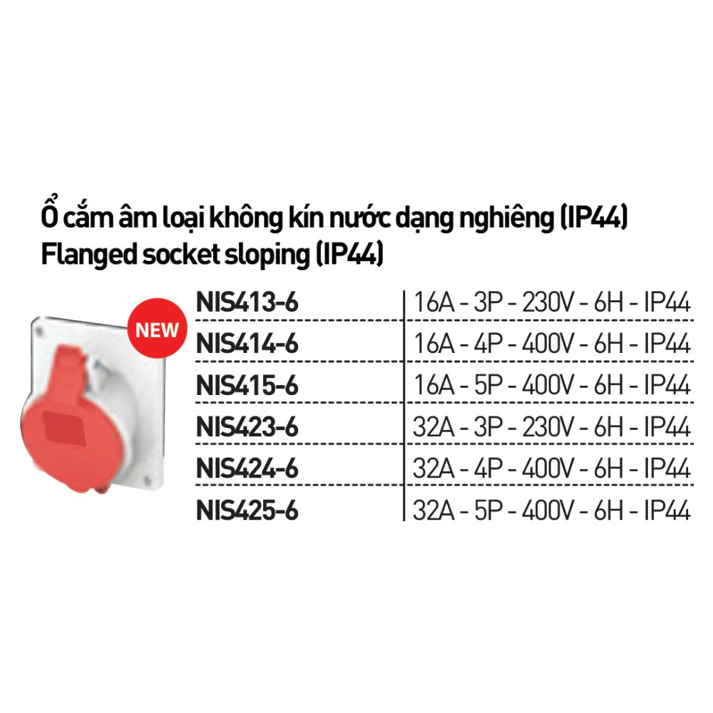 Ổ cắm âm không kín nước dạng nghiêng 16/32A IP44 Nanoco
