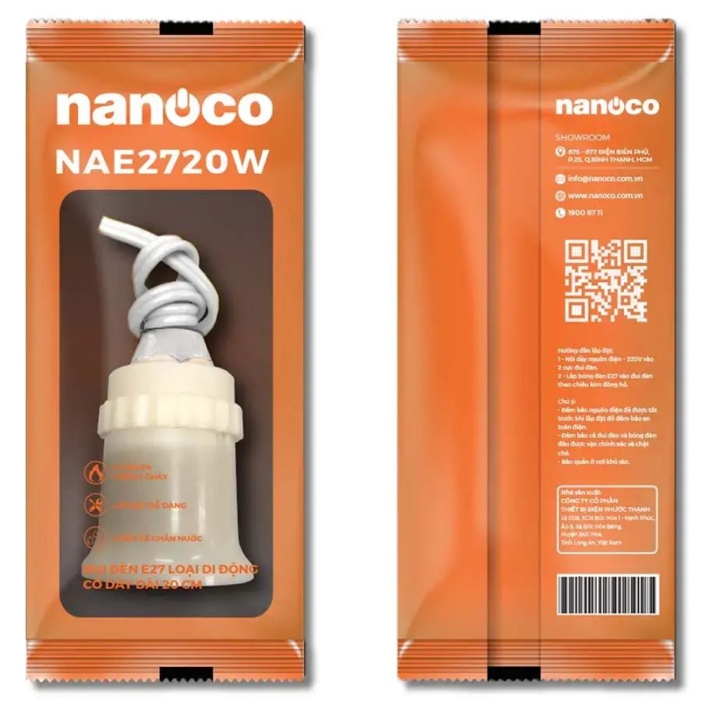 Đui đèn E27 di động có dây Nanoco NAE2720W màu trắng