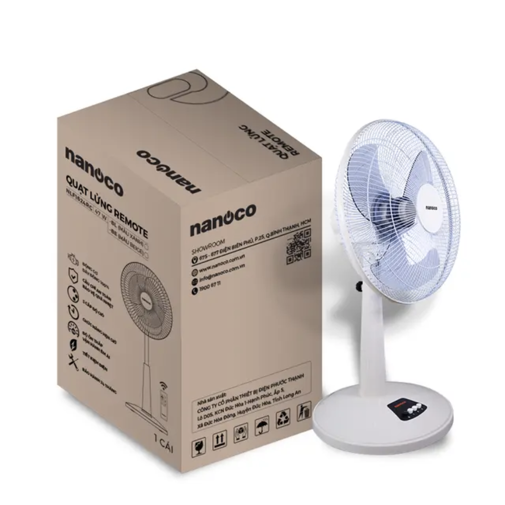 Quạt lửng remote Nanoco NLF1624RC-BL/BE chiều cao 75-93 cm