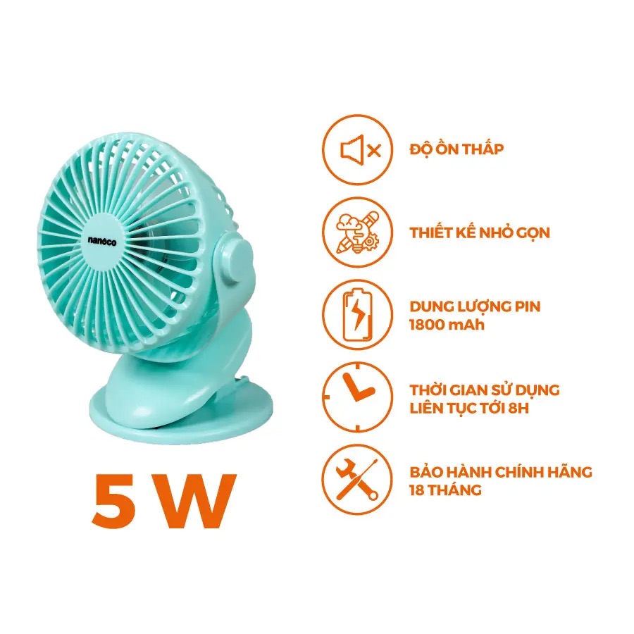 Quạt sạc kẹp 3 cấp độ gió Nanoco NRF5210G