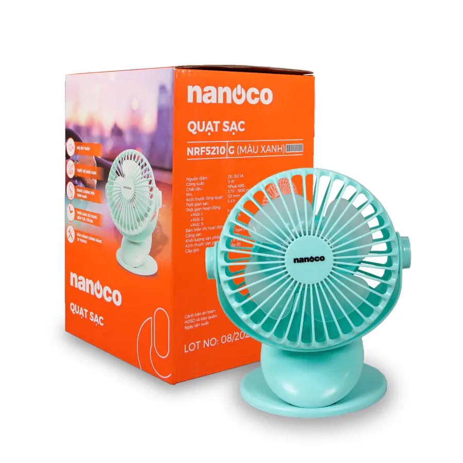 Quạt sạc kẹp 3 cấp độ gió Nanoco NRF5210G