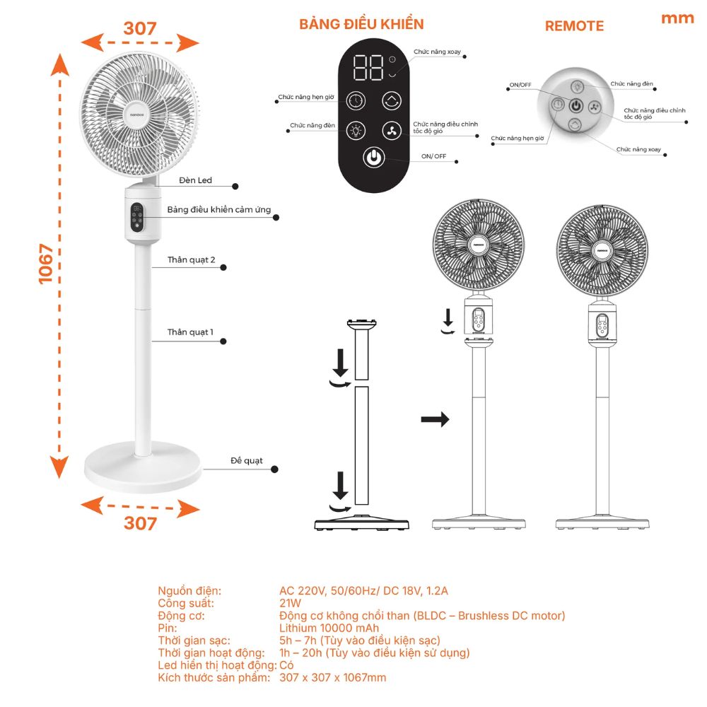 Quạt sạc đứng cảm ứng có remote Nanoco NRF9025P/W