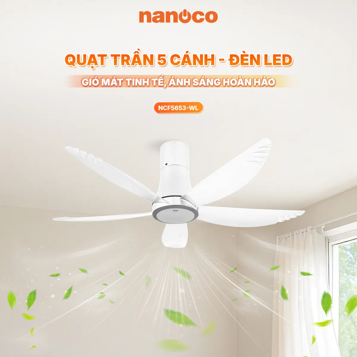 Quạt trần 5 cánh điều khiển từ xa Nanoco NCF5653-WL