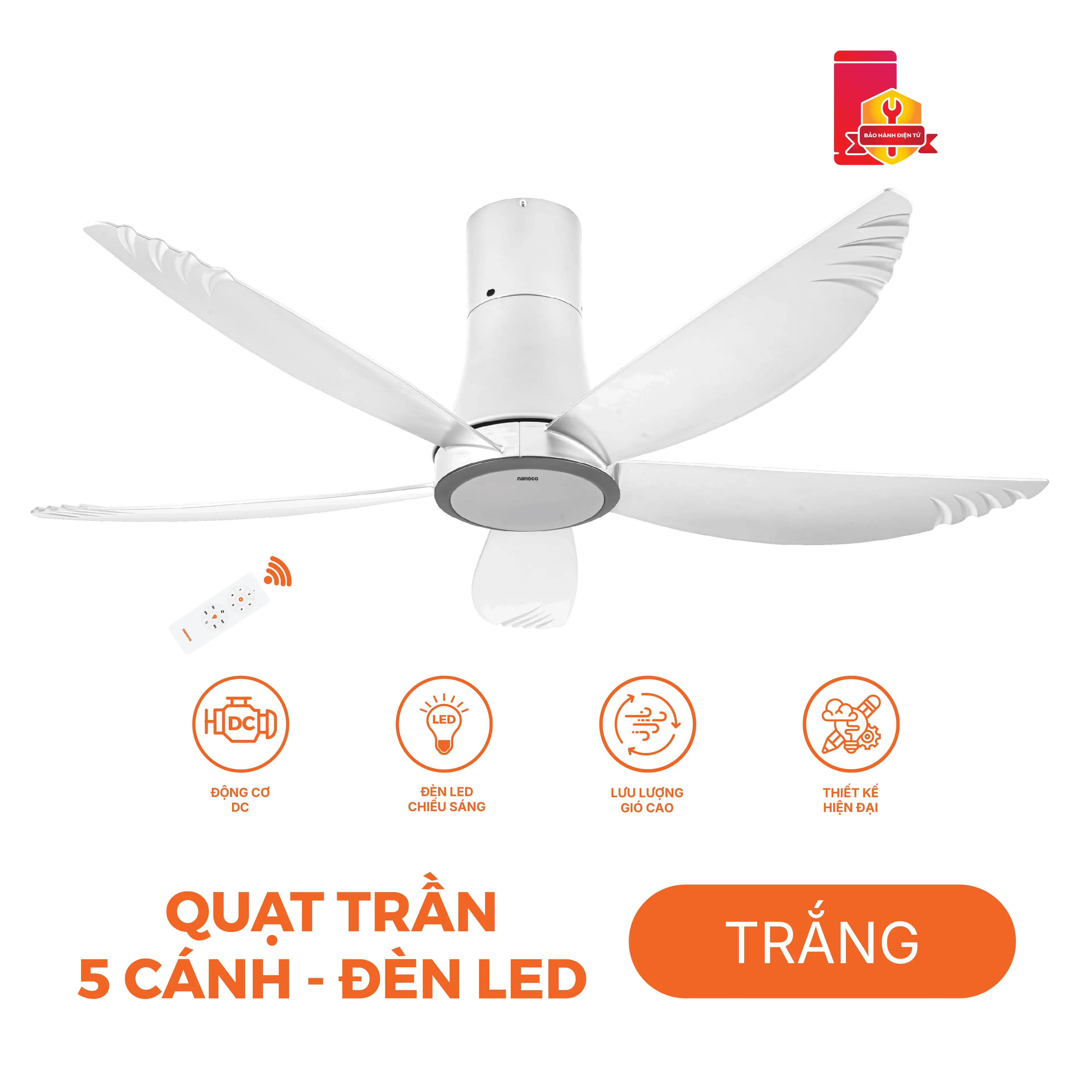 Quạt trần 5 cánh điều khiển từ xa Nanoco NCF5653-WL