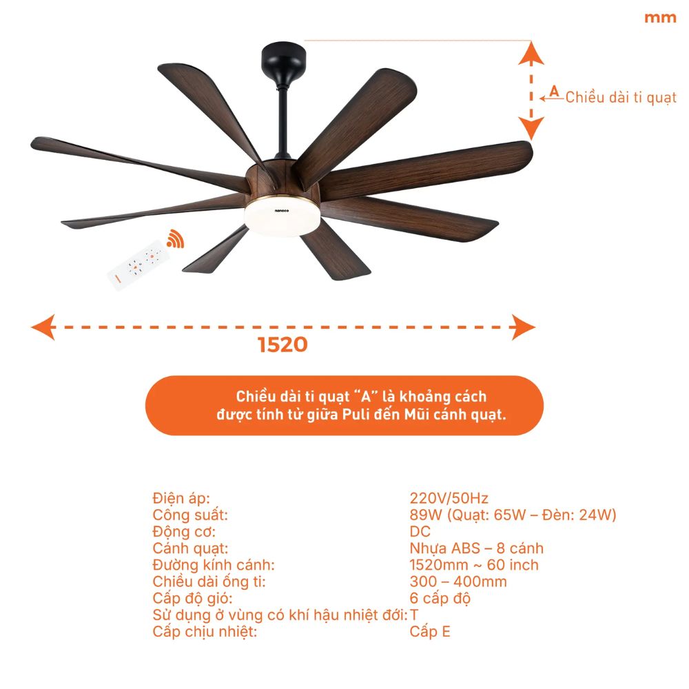 Quạt trần 8 cánh Nanoco NCFD6089L