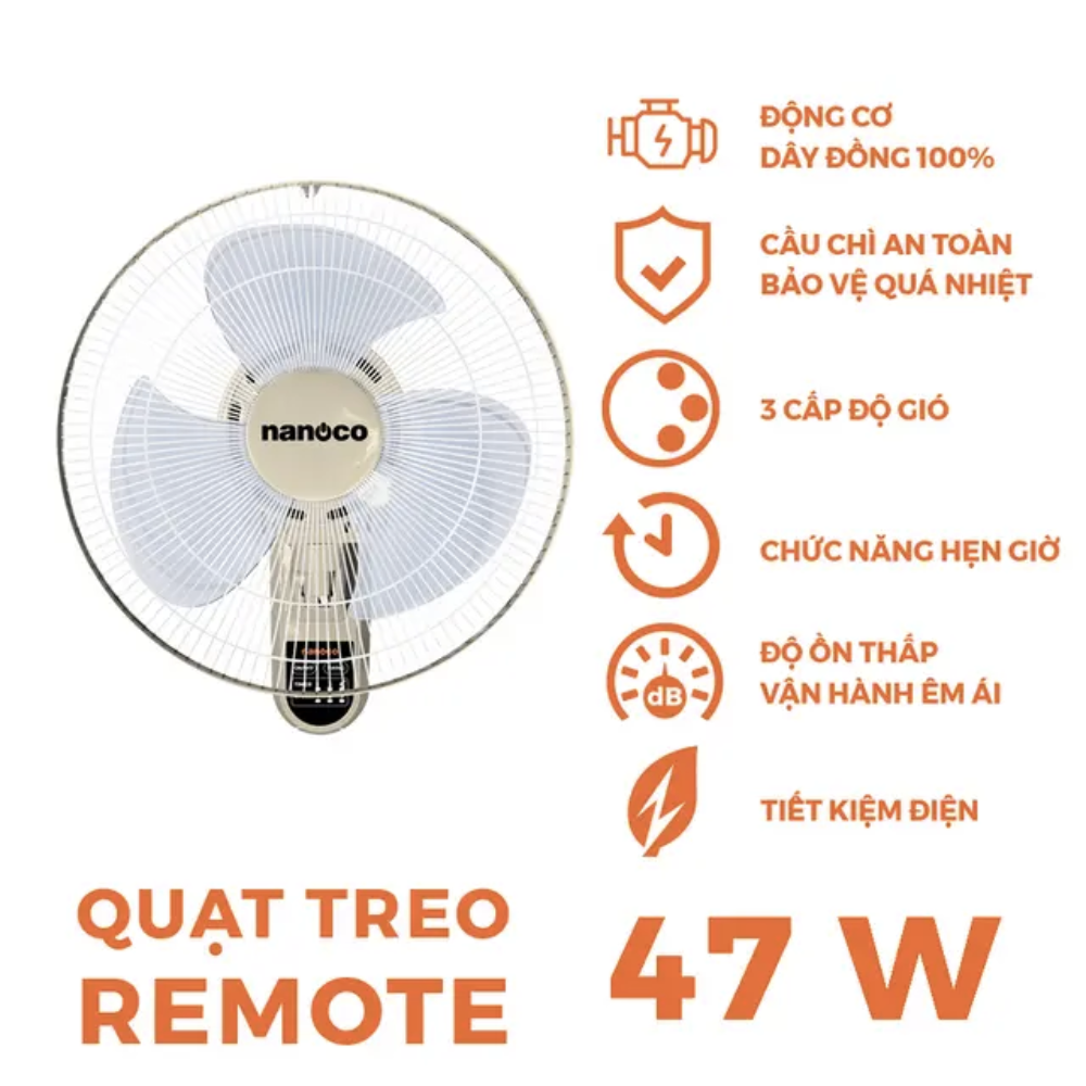 Quạt treo tường remote Nanoco NWF1612RC-BL/G/BE
