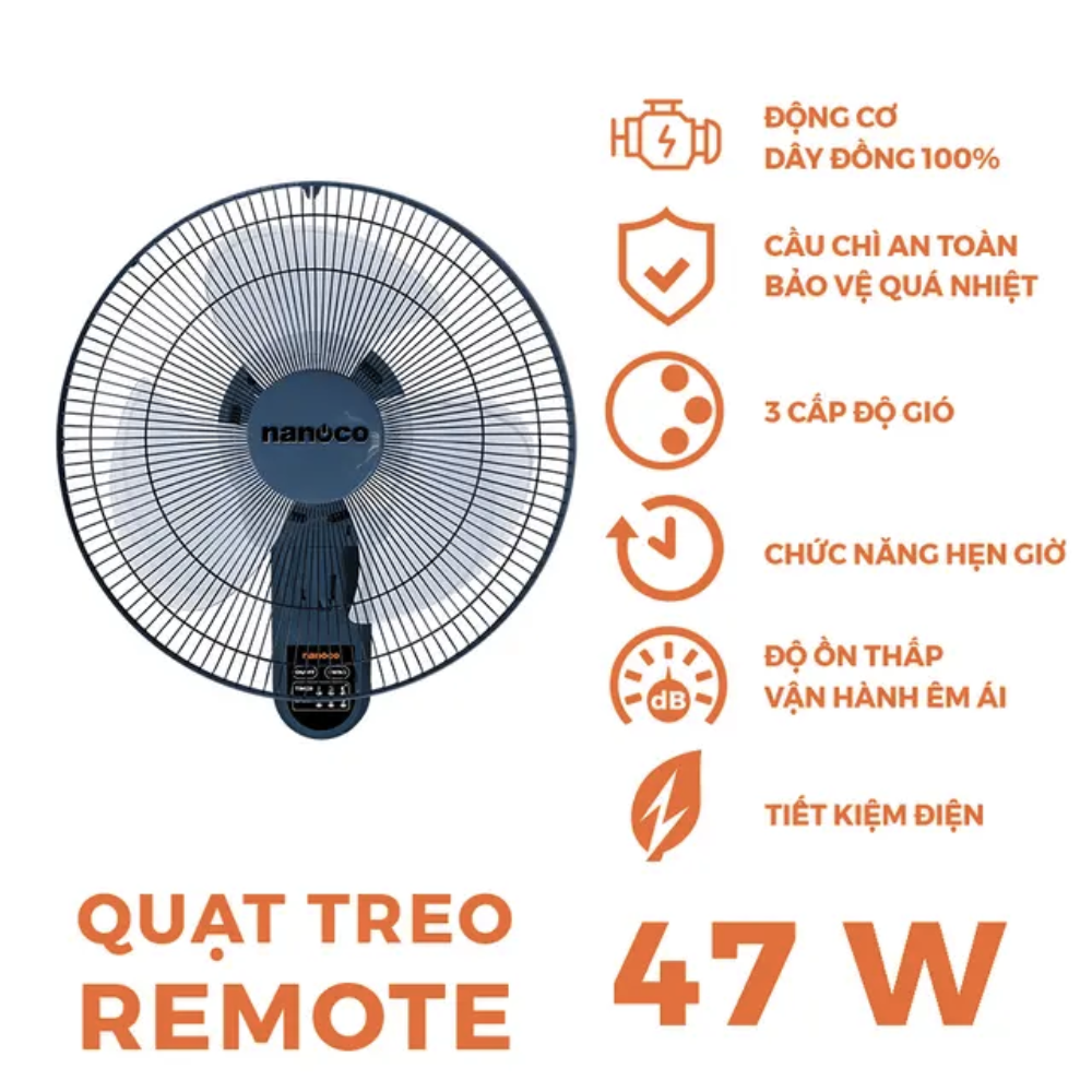 Quạt treo tường remote Nanoco NWF1612RC-BL/G/BE
