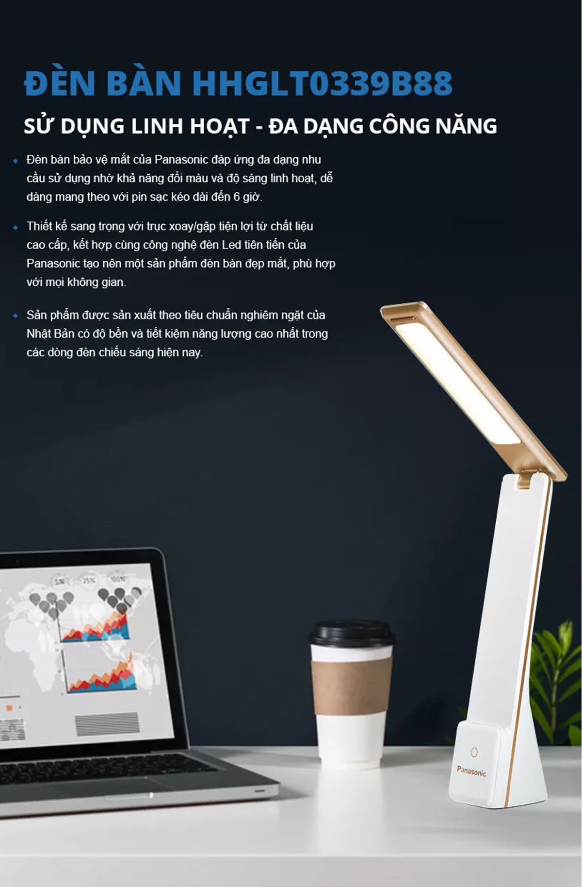 Đèn bàn led cổng sạc USB kèm giá đỡ điện thoại Panasonic HHGLT0339