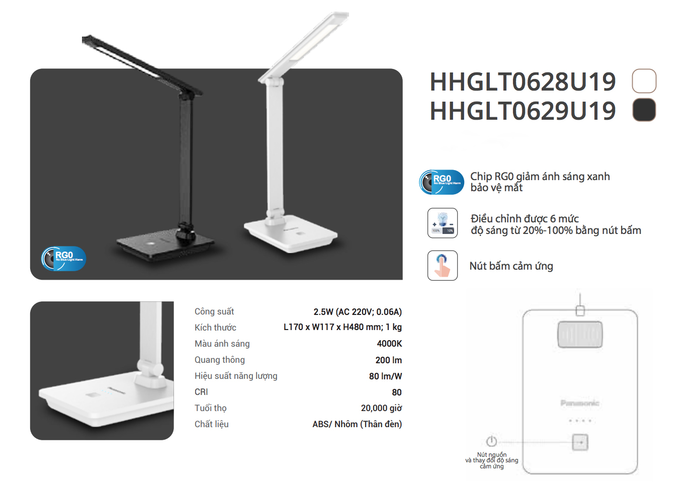 Thông tin sản phẩm đèn bàn 4.5W 4000K HHGLT0628U19 / HHGLT0629U19