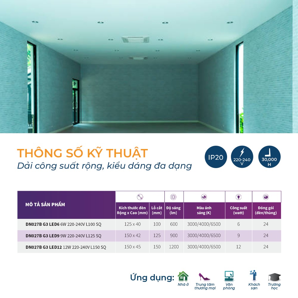 Bộ đèn LED vuông âm trần Philips DN027B G3