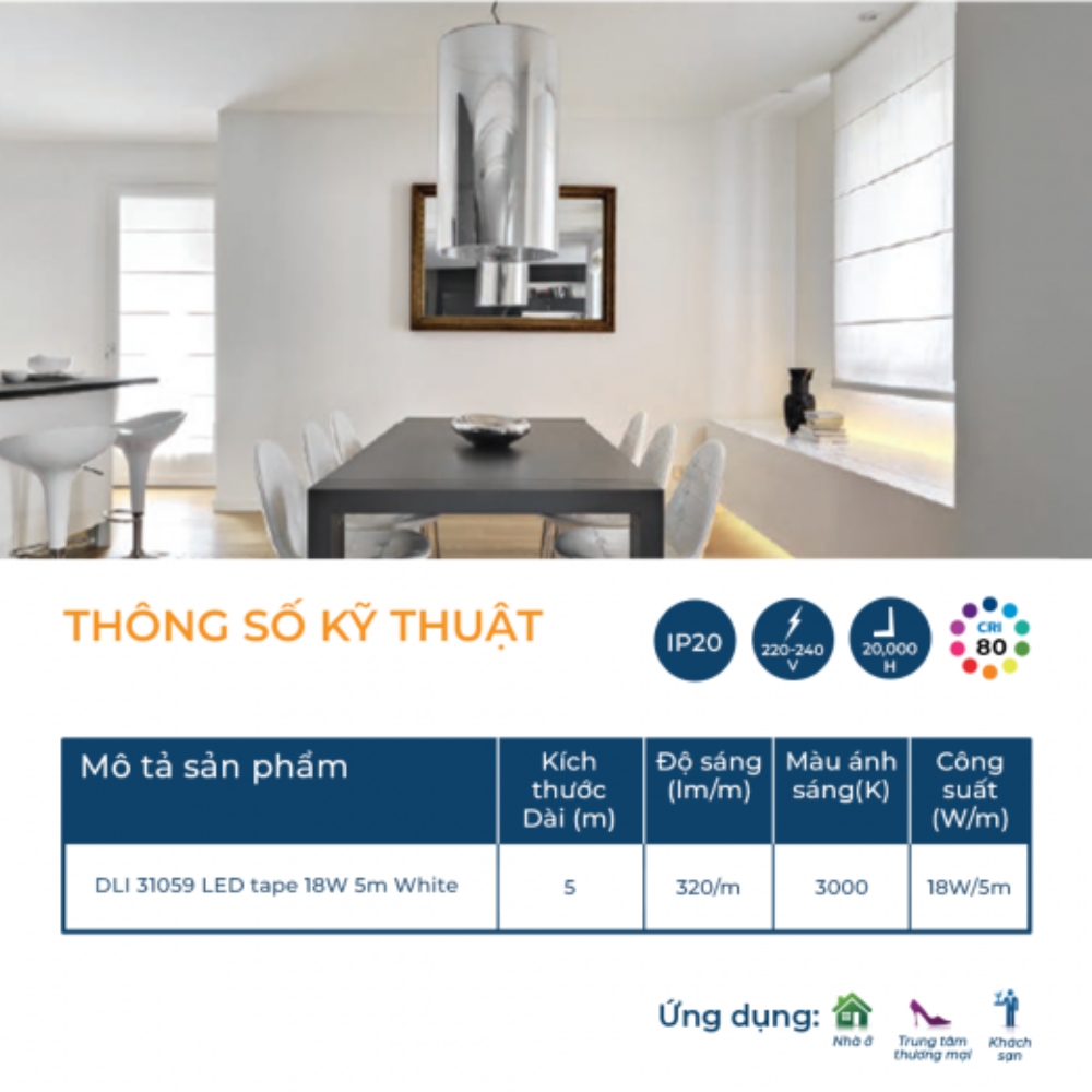 LED dây DLI 31059 LED tape 3000K 18W 5m