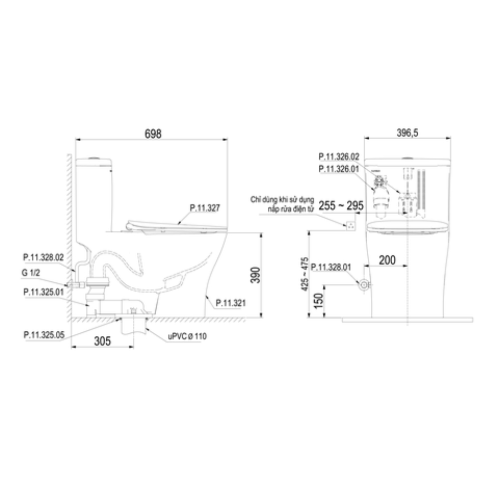 Bồn cầu 1 khối Viglacera Platinum P.11.321 nắp êm