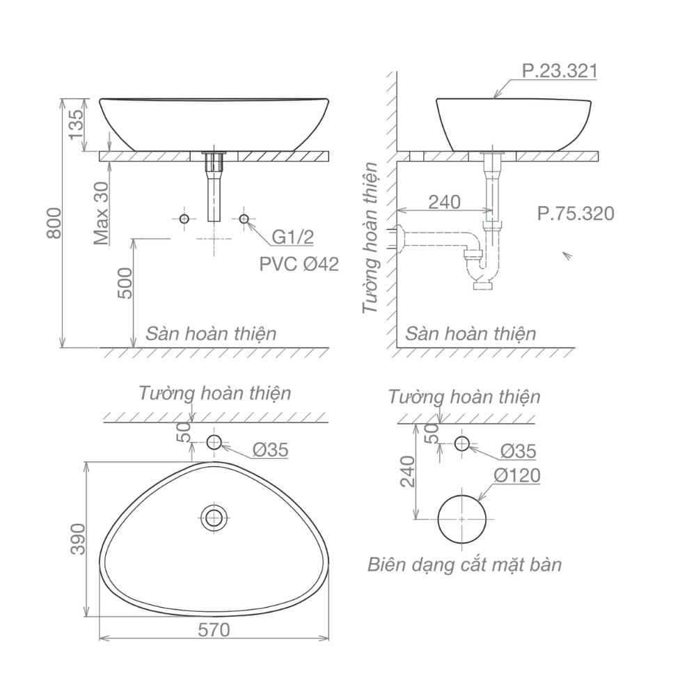Chậu lavabo đặt bàn Viglacera Platinum P.23.321