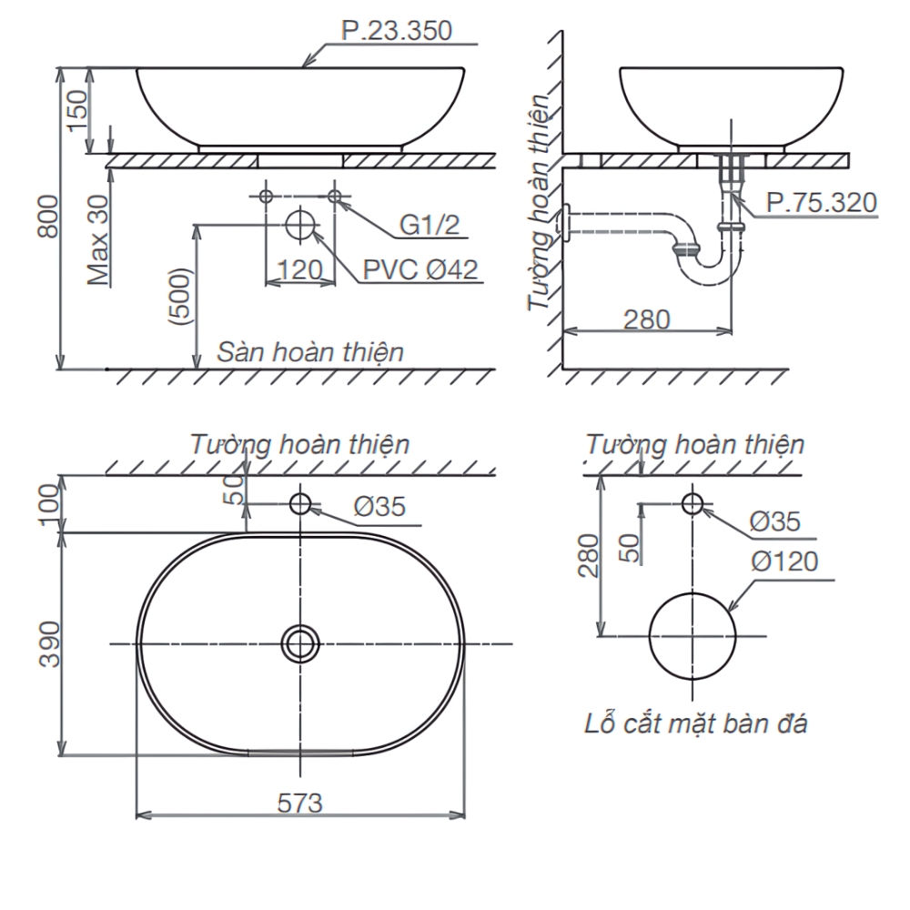 Chậu lavabo đặt bàn Viglacera Platinum P.23.350
