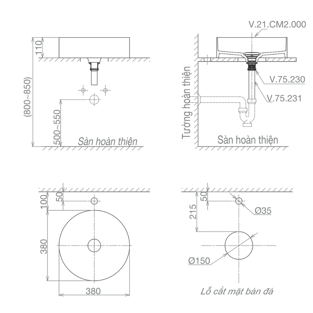 Chậu lavabo đặt bàn Viglacera Platinum P.21.150