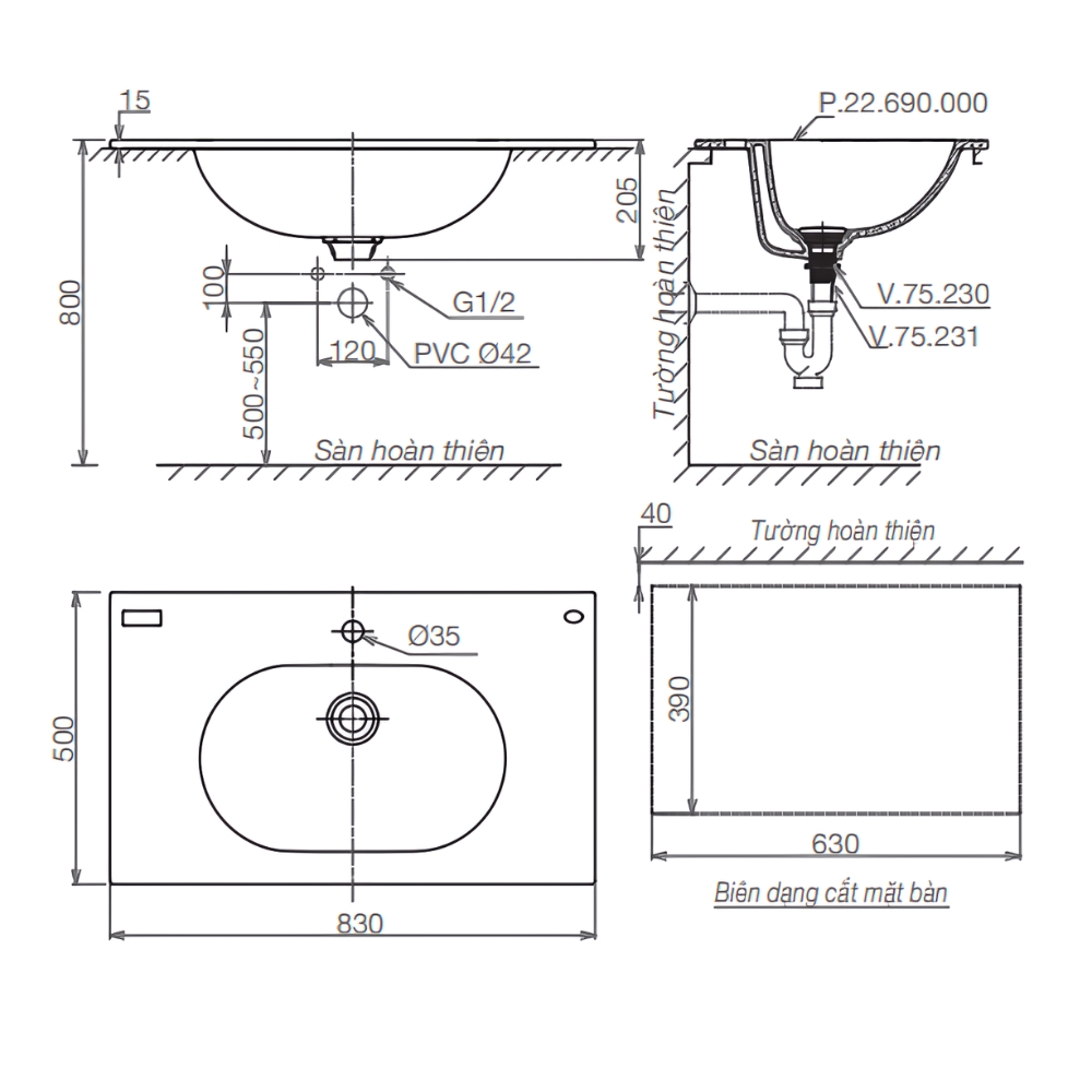 Chậu lavabo dương vành Viglacera Platinum P.22.690