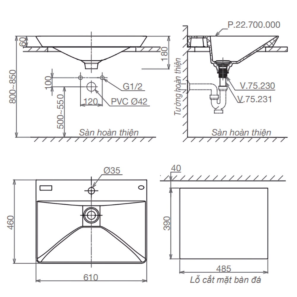 Chậu lavabo dương vành Viglacera Platinum P.22.700