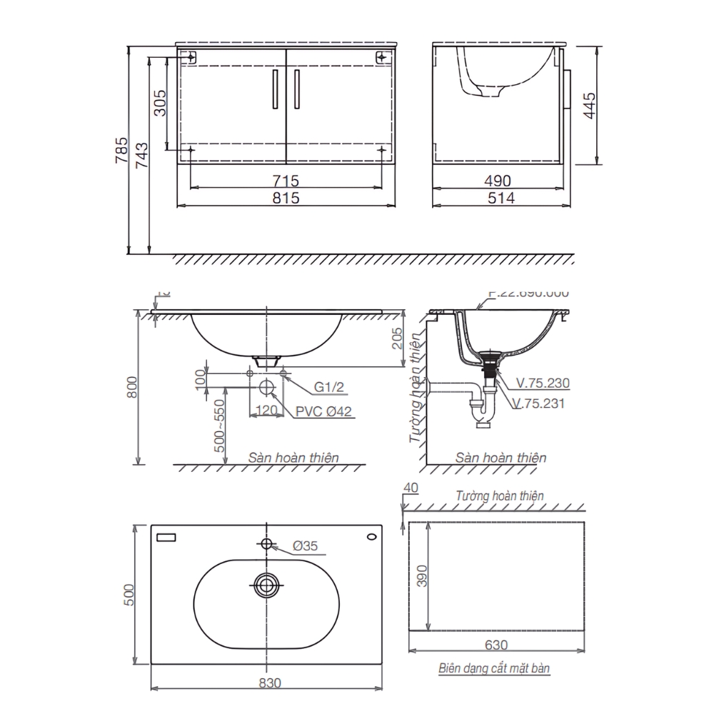 Tủ chậu cabinet 80cm Viglacera Platinum P.69.690