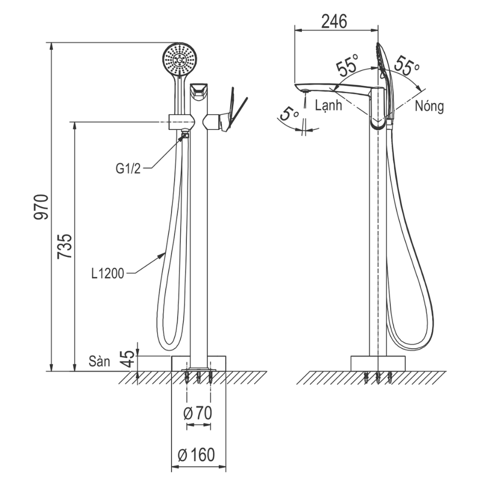 Vòi sen xả bồn tắm đặt sàn Viglacera Platinum P.50.320