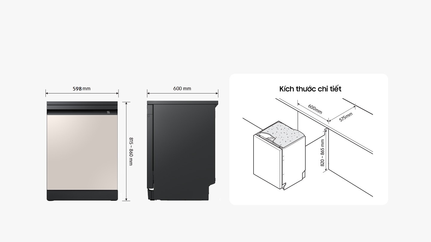 Kích thước sản phẩm máy rửa chén Samsung Bespoke hệ thống rửa xoáy kép Water Jet Clean DW60CB750FAPSV
