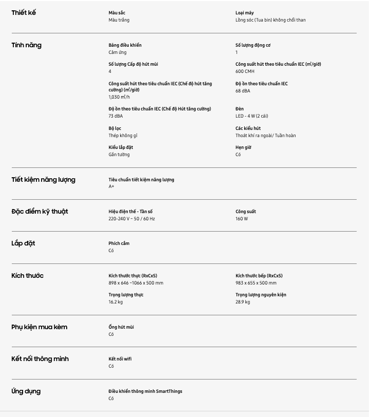 Máy hút mùi áp tường Samsung Bespoke NK36CB665WWHSV