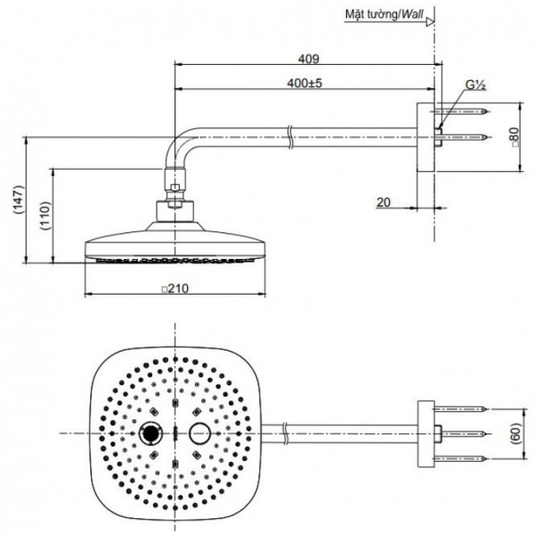 Bát sen tắm gắn tường TOTO TBW02004A (2 chế độ, vuông, 210mm)