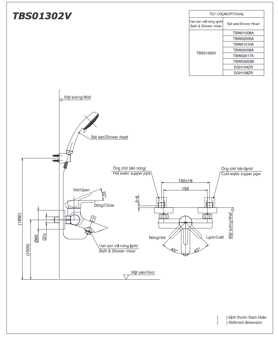 Bản vẽ kỹ thuật bộ sen tắm nóng lạnh TOTO TBS01302V/TBW07012A