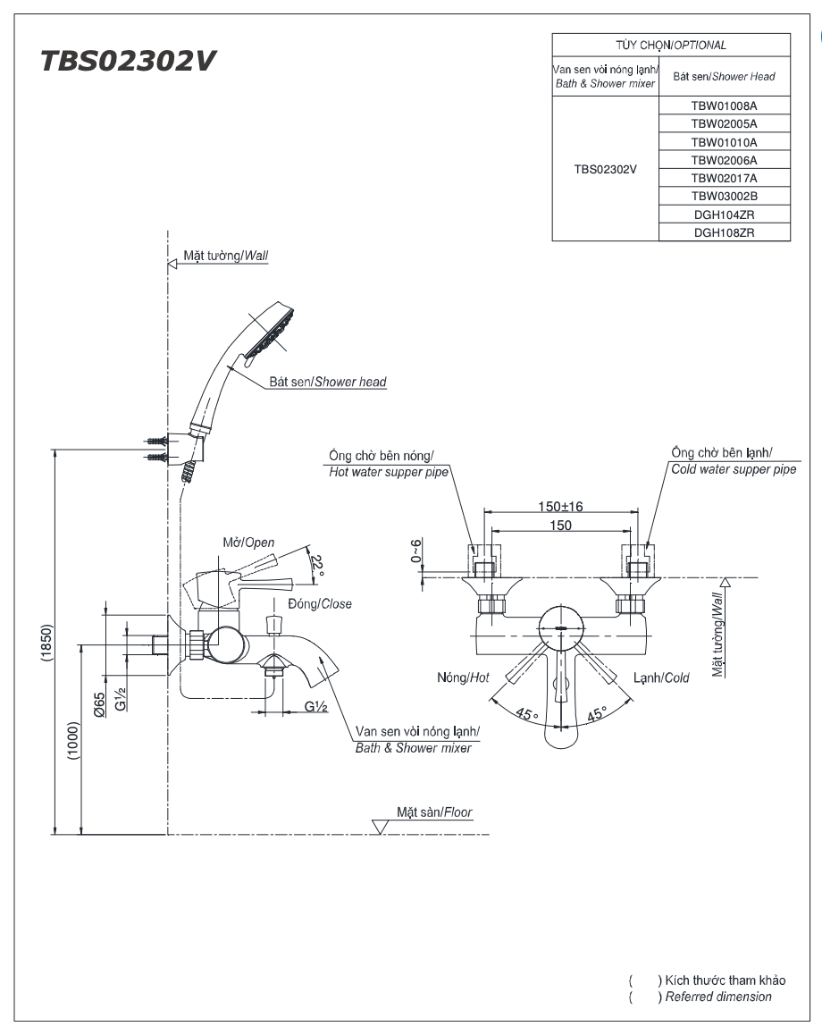 Bản vẽ kỹ thuật bộ sen tắm nóng lạnh TOTO TBS02302V/TBW07009A