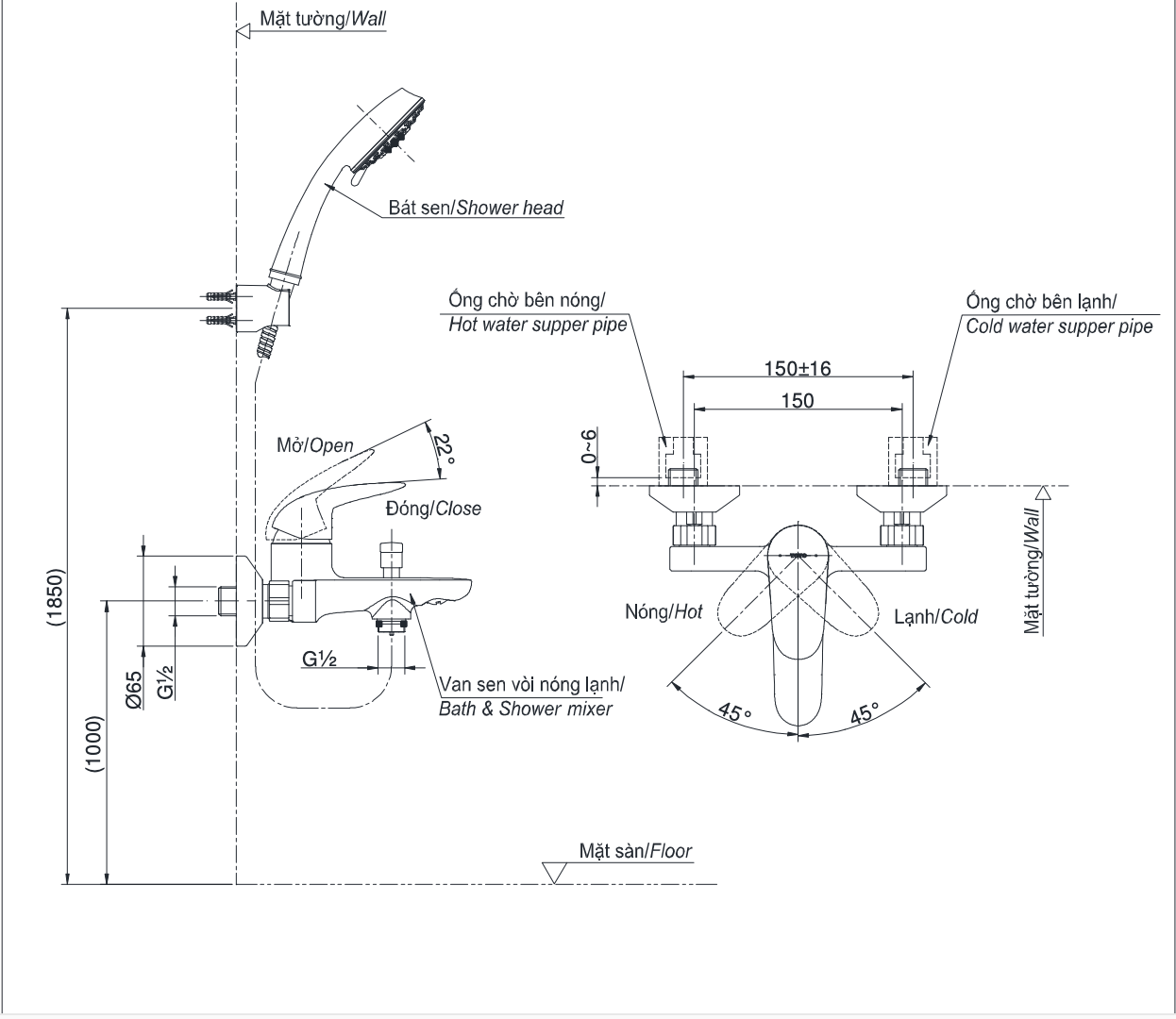 Bản vẽ kỹ thuật bộ sen tắm nóng lạnh TOTO TBS03302V/TBW07012A