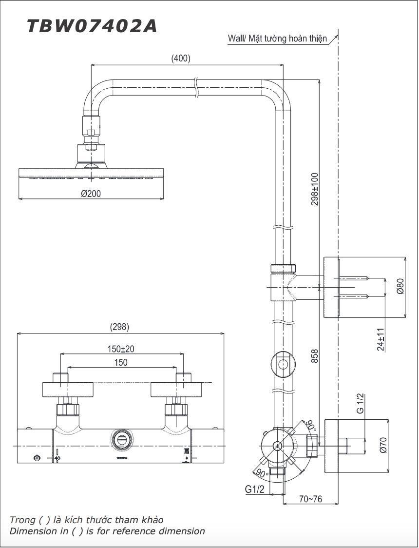 Bản vẽ kỹ thuật vòi sen tắm đứng điều chỉnh nhiệt độ dòng G TOTO TBW07402A
