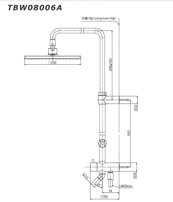 Thân sen cây TOTO TBW08006A dòng G dáng vuông 250mm
