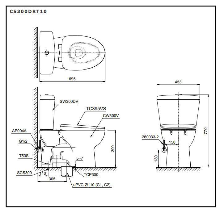 Bồn cầu 2 khối TOTO CS300DRT10 nắp đóng êm TC395VS