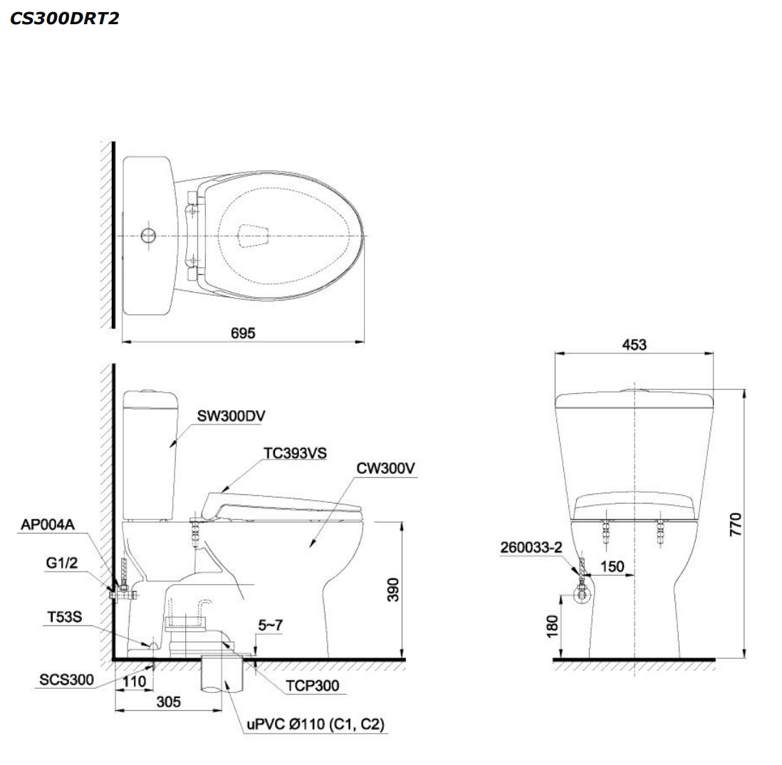 Bồn cầu 2 khối TOTO CS300DRT2 nắp đóng êm TC393VS