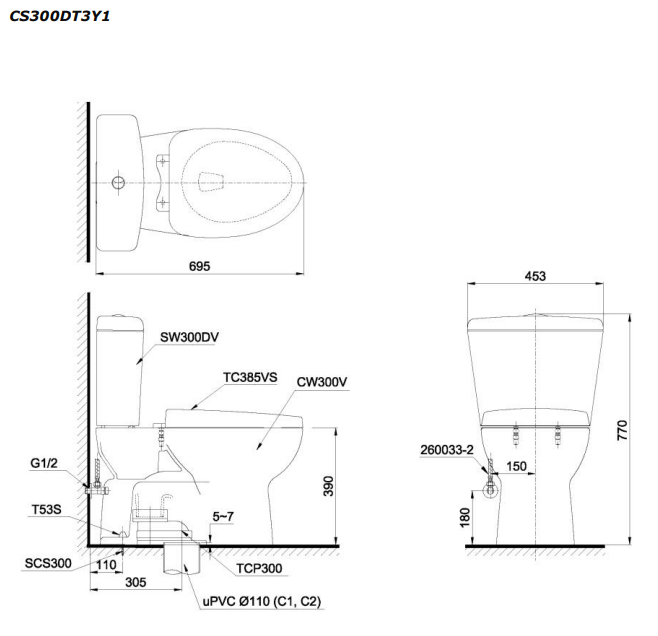 Bồn cầu 2 khối TOTO CS300DT3Y1 nắp đóng êm TC385VS