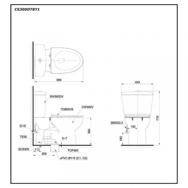 Bồn cầu 2 khối TOTO CS300DT8Y1 nắp đóng êm TC600VS
