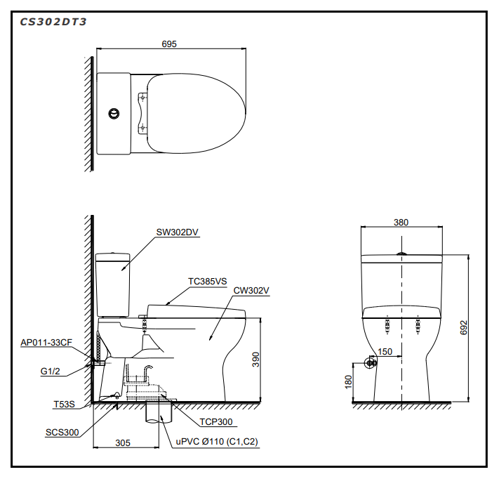 Bồn cầu 2 khối TOTO CS302DT3 nắp đóng êm TC385VS
