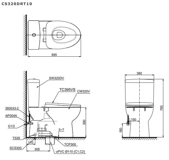 Bồn cầu 2 khối TOTO CS320DRT10 nắp đóng êm TC395VS
