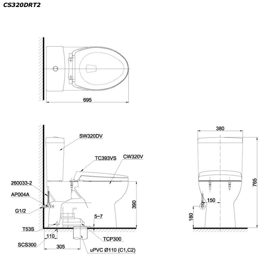 Bồn cầu 2 khối TOTO CS320DRT2 nắp đóng êm TC393VS